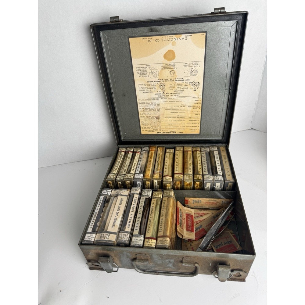 Vintage Davis Safety Division Metal First Aid Kit With Supplies & Instructions